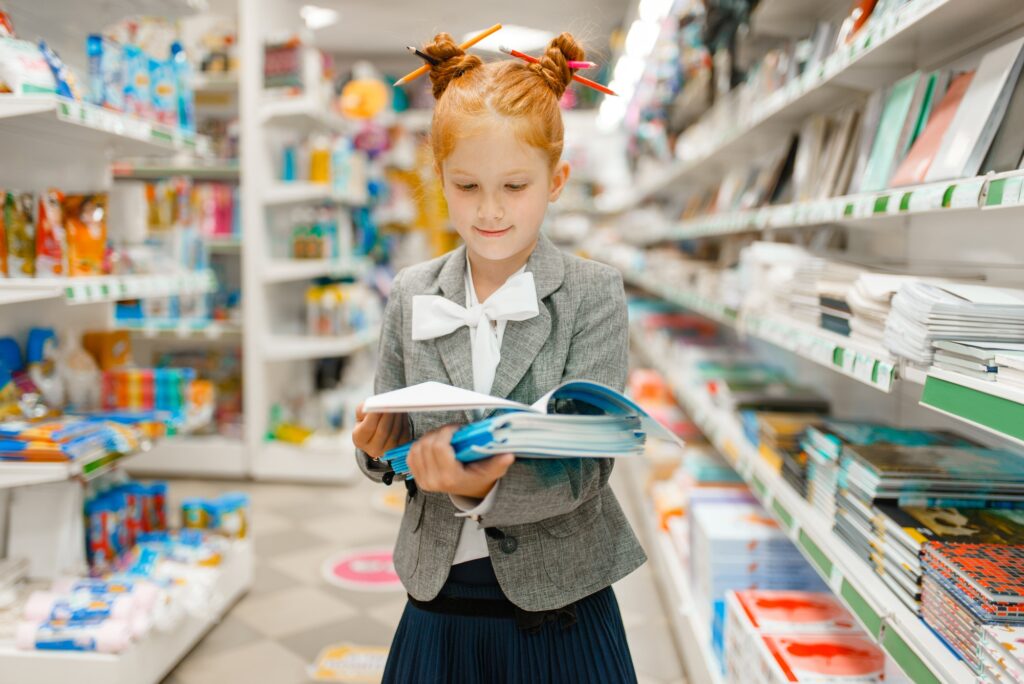 Little school girl in stationery store
